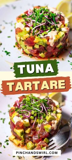 tuna tartare with fresh vegetables and herbs on top is served in a white bowl