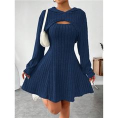 -Item Id 37701218 -Details: Cut Out, Rib-Knit -Neckline: Hooded -Sleeve Type: Flare Sleeve -Style: Casual -Color: Navy Blue -Pattern Type: Plain -Dresses Sleeve Length: Sleeveless -Tops Sleeve Length: Long Sleeve -Bottom Type: Skirt -Temperature: Spring/Fall (18-25/63-77) -Dresses Length: Short -Tops Length: Micro Crop -Fit Type: Regular Fit -Fabric: High Stretch -Dresses & Tops Material: Fabric -Dresses & Tops Composition: 96% Polyester, 4% Elastane -Care Instructions: Machine Wash Or Professio Flare Sleeve Dress Blue, Dresses With Tights, Summer Bodycon Dresses, Mini Dress Winter, Winter Sewing, Tank Dresses Outfit, Short Pollera, Jean Dresses, Elegant Hats