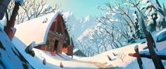 a painting of a cabin in the snow