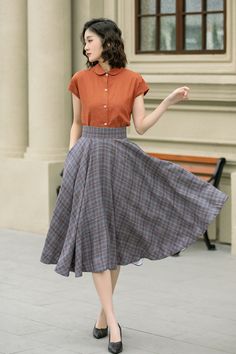 Elevate your style this season with our Midi Plaid Skirt, Swing Linen Skirt, and Circle Skirt for women. These pieces are the epitome of chic for spring and summer! Discover trendy looks now.  DETAILS: * 100% linen fabric * Two side pockets * Back zip closure * pleated skirt, circle skirt * Swing skirt * High waist skirt * below the knee skirt * Perfect for spring, summer * Lean More about the items From the FAQs on the page bottom For the style of this dress, which is in wool fabric https://ets Plaid Flared Skirt With Relaxed Fit, Casual Linen Skirt For Fall, Plaid Circle Skirt Outfits, Skirt Outfits Elegant, Midi Plaid Skirt, Plaid A-line Skirt With Lining, Business Casual Skirt, Retro Plaid Full Skirt, Retro Full Plaid Skirt