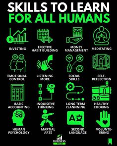 a poster with the words skills to learn for all humans in green on black background