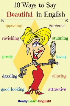 a cartoon woman holding a magnifying glass in front of her face with the words'ways to say beautiful in english '