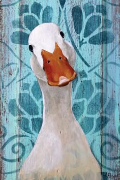 a painting of a white duck with orange beak and brown head on a blue background