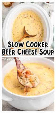 slow cooker beer cheese soup in a white bowl with text overlay that says slow cooker beer cheese soup