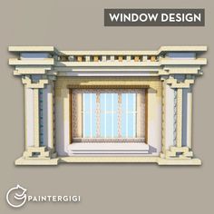 an architectural rendering of a window with roman columns and curtains on the windowsills