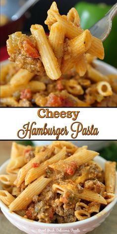 cheesy hamburger pasta in a white bowl with a spoon and title above it