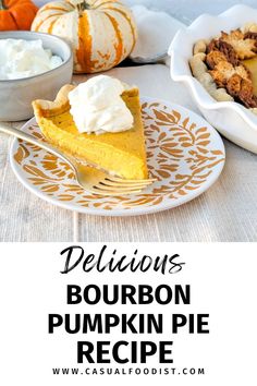 delicious pumpkin pie with whipped cream and pecans in the background, on a white plate