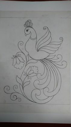 a black and white drawing of a bird with swirls on it's wings