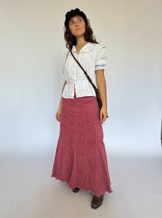 Late '90s - 2000s dusty pink corduroy maxi skirt by Laura Ashley. raw hem zip + button entry/closure ꩜Label: Laura Ashley ꩜Condition: great vintage condition, gently worn.  ꩜Material: cotton corduroy ꩜Sizing: Fits M-L best. Please check measurements provided below. Waist laid flat 42 cm  Length 84 cm All measurements taken with garment laid flat ꩜All garments shown on a 165 cm tall model who wears size 8 AU bottom and XS top, 66 cm waist. SHOP POLICIES Please make sure you read items' descriptio Pink Linen Skirt, Casual Romantic Style, Laura Les, Corduroy Maxi Skirt, Accordion Skirt, Cotton Maxi Skirt, Corduroy Top, Pink Clothing, Vintage Laura Ashley