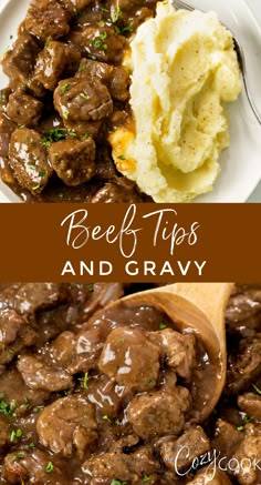 A collage of beef tips and gravy in a skillet with a spoon and with mashed potatoes. Beef Tip Meals, Dinner Ideas With Beef Stew Meat, Main Dishes For Dinner Beef, Steak Dinner Ideas Crock Pots, Easy Beef Tips And Gravy Crock Pots, Southern Beef Tips And Gravy, Beef Tips And Gravy Instapot, Slow Cooker Beef Tips With Gravy, Beef Stew And Mashed Potatoes