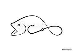 a fish with a hook in its mouth on a white background, hand drawn line art