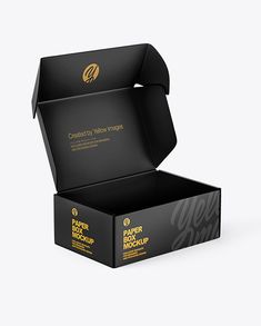 an open black cardboard box with gold foil on the lid and inside that says, create your own packaging