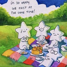 three cartoon characters sitting at a picnic table on a checkered blanket with the caption, i'm so happy we exit at the same time