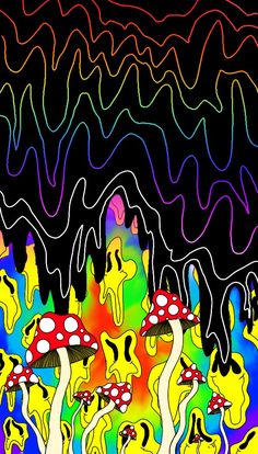 an abstract painting with many different colors and shapes on black background, featuring mushrooms in the foreground