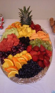 a platter full of fruit is displayed on a table