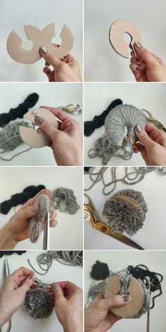 the steps to make an ornament out of yarn are shown in several different ways