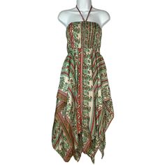 Nwot India Boutique Asymmetric Scarf Print Dress One Size Halter Strapless Brand: India Boutique Color: Cream, Green, Red Size: One Size Features: Elastic Bust Full Skirt Mid Length, Midi, Knee Length Hi-Low Made In India New Without Tags 100% Fabric Polyester Care: Hand Wash Cold, Line Dry All Measurements Are Approximate: Length 42" Bust 26" 5-Star Rated Seller Fast Shipper Free Gift With Every Order! Ruffled, Layered, Pull Over, Sundress, Trapeze And Swing, Stretch, Knit, Satin, Satiny, Silky Scarf Print Dress, Dress First, Coconut Girl Aesthetic, Summer Girls, Full Skirt, Jean Coat, Scarf Print, Trending Shoes, Mid Length