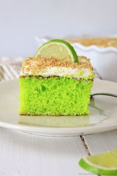 a slice of lime cake on a white plate