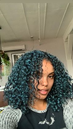 Curly Blue Hair, Blue Curly Hair, Afro Hair Color, 3c Curly Hair, 3c Hair, Dye Ideas, Colored Curly Hair, Blue Highlights