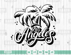 an image of the word angels with palm trees on it, in black and white