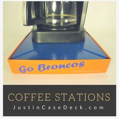 a coffee station with the words go bronog on it and an orange box