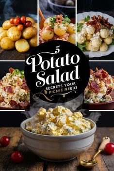 the cover of potato salad is shown with pictures of different types of food in it