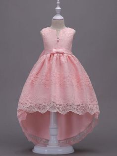 Lace Flower Girl Dresses Pink High Low Ball Gowns Sleeveless Bow Sash Princess Party Dresses Pink Sleeveless Lace Princess Dress, Sleeveless Pink Lace Princess Dress, Spring Princess Dress With Sleeveless Lace, Sleeveless Lace Princess Dress For Spring, Sleeveless Lace Dresses For Dress-up, Sleeveless Lace Dress For Dress-up Occasions, Spring Sleeveless Lace Princess Dress, Sleeveless High Low Dress For Spring Wedding, Sleeveless High Low Wedding Dress For Spring