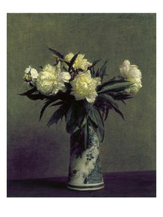 a painting of yellow flowers in a blue and white vase