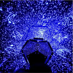 a person standing in front of a blue star filled room with stars on the ceiling