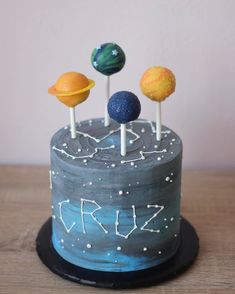 a birthday cake with three planets on top