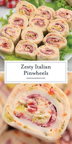 several different types of food are shown in this collage with the words, zesty italian pinwheels