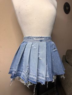 Denim Mini Pleated Skirt. Fits Exact Waist Size  11inches long Available in Kids Sizes Jeans To Pleated Skirt Diy, Skirts Made From Denim Jeans, Denim Tutu Skirt, Upcycling Thrifted Clothes, Fitted Pleated Medium Wash Bottoms, Fitted Medium Wash Pleated Bottoms, Blue Cotton Cutoff Skirt, Fitted Denim Pleated Mini Skirt, Fitted Denim Pleated Skort