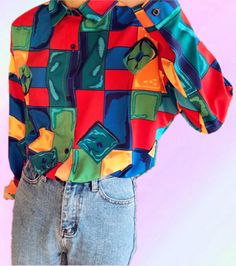 Retro Color Block Checker Blouse Shirt Affordable Multicolor Retro Print T-shirt, Retro Multicolor Shirt With Abstract Print, Retro Long Sleeve Plaid Shirt, Multicolor Geometric Long Sleeve Shirt, Multicolor Retro Print Button-up Top, Multicolor Retro Print Shirt For Fall, Multicolor Print Cotton Shirt For Fall, Trendy Multicolor Geometric Pattern Blouse, Multicolor Retro Print Long Sleeve Shirt