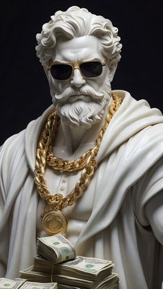 a statue of a man with sunglasses and a chain around his neck holding stacks of money