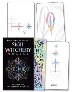 three cards with designs on them and the words sigil witch oracle written in white