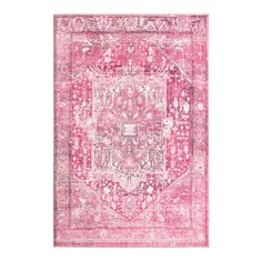 a pink rug with an ornate design on the top and bottom, in front of a white