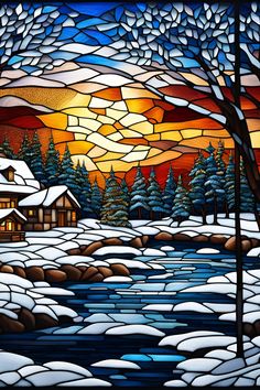 Faux stained glass image of snowy winter scene Christmas Mosaics, Winter Art Lesson, Winter Drawings, Stained Glass Quilt, Winter Window, Glass Window Art