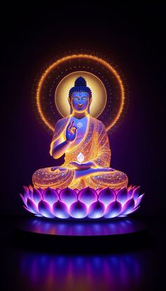 a buddha statue sitting on top of a purple flower covered platform in front of a black background