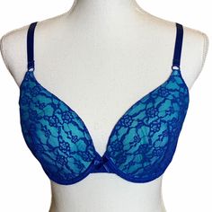 Size 34dd Demi Teal With Blue Lace Lightly Padded Elegant Fitted Blue Bra, Elegant Blue Bra For Spring, Elegant Blue Spring Bra, Elegant Stretch Blue Bra, Elegant Blue Stretch Bra, Elegant Blue Summer Bra, Blue Fitted Bra Partially Lined, Blue Fitted Partially Lined Bra, Fitted Partially Lined Blue Bra