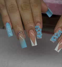 Royal Blue 3d Flower Nails, Blue Nails For Baby Boy Shower Ideas, Sweet 16 Nails, Diamond Nail Designs, Acrylic Nails Stiletto, 3d Flower Nails, Nails 3d