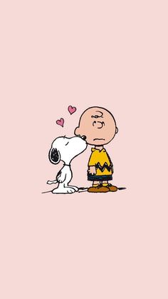 a cartoon character with a heart on his chest kissing a snoopy dog in front of a pink background