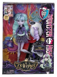 a doll with green hair and purple dress on top of a wooden table next to a package