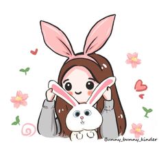 a girl with bunny ears holding up her hands