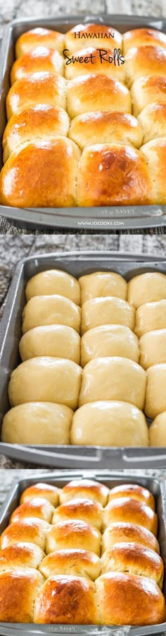 two pans filled with bread sitting on top of a counter next to each other