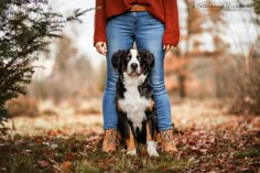 a woman standing next to a black and white dog on top of leaf covered ground