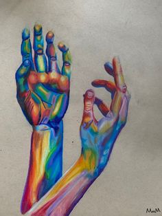 a drawing of two hands with different colors painted on them and one hand holding something in the air