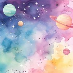 watercolor painting with planets and stars in the sky