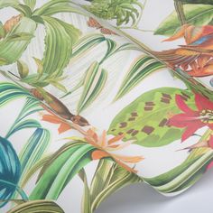 an image of a tropical print wallpaper with birds and flowers on it's side