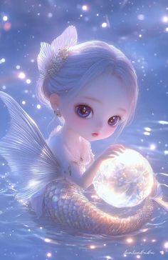 a cute little mermaid sitting on top of a crystal ball in the water with stars around her