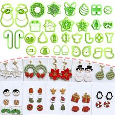 several different types of earrings are shown in this image, including christmas decorations and snowmen